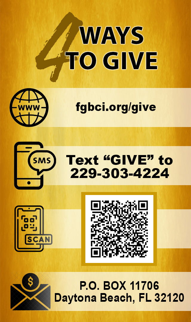Four ways to give to FGBCI by website, text message, QR code, or mail